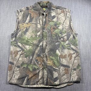 Cabela's Shirt Mens Large Brown Camo Sleeveless Button Front Hunting Outdoor